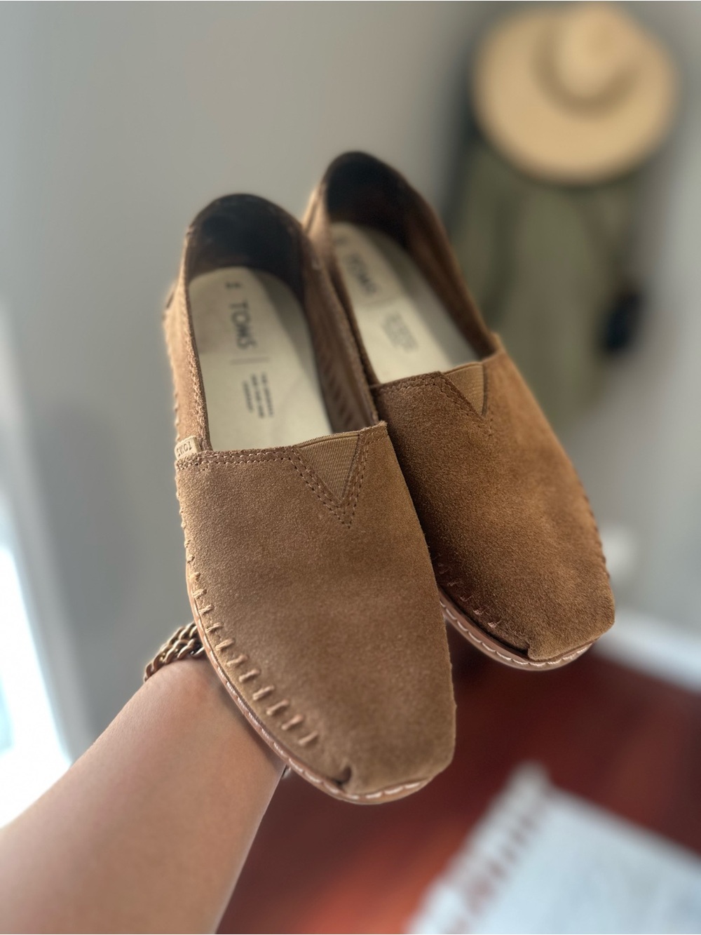 TOMS Brown Suede Slip-On Loafers in Chestnut Brown